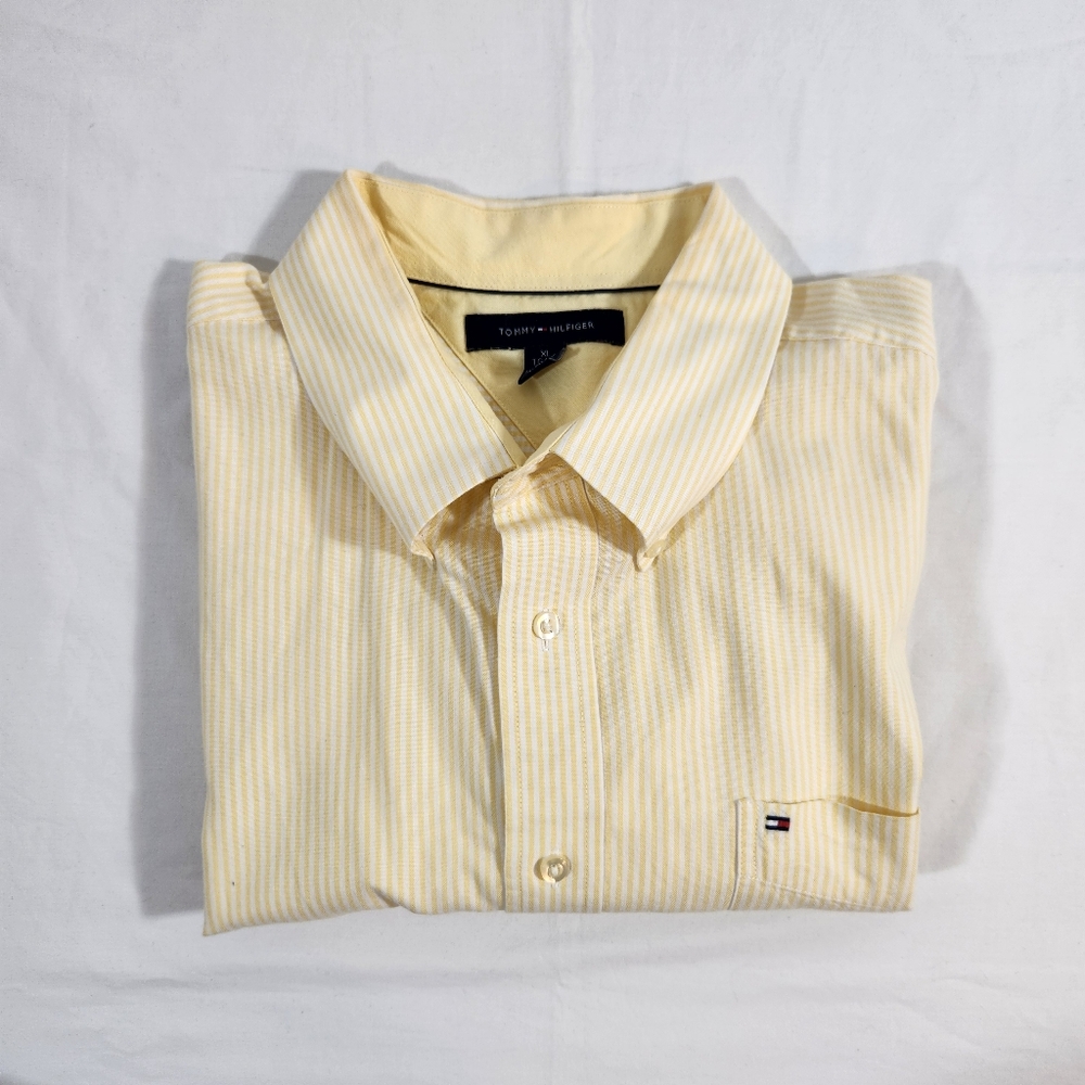 Tommy Hilfiger Men's Yellow White Stripe Short Sleeve Button Down Shirt …